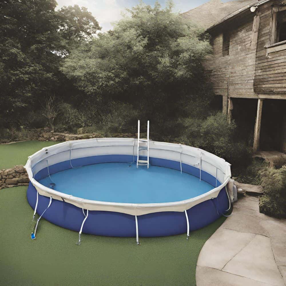 Piscina desmontable en patio trasero de casa